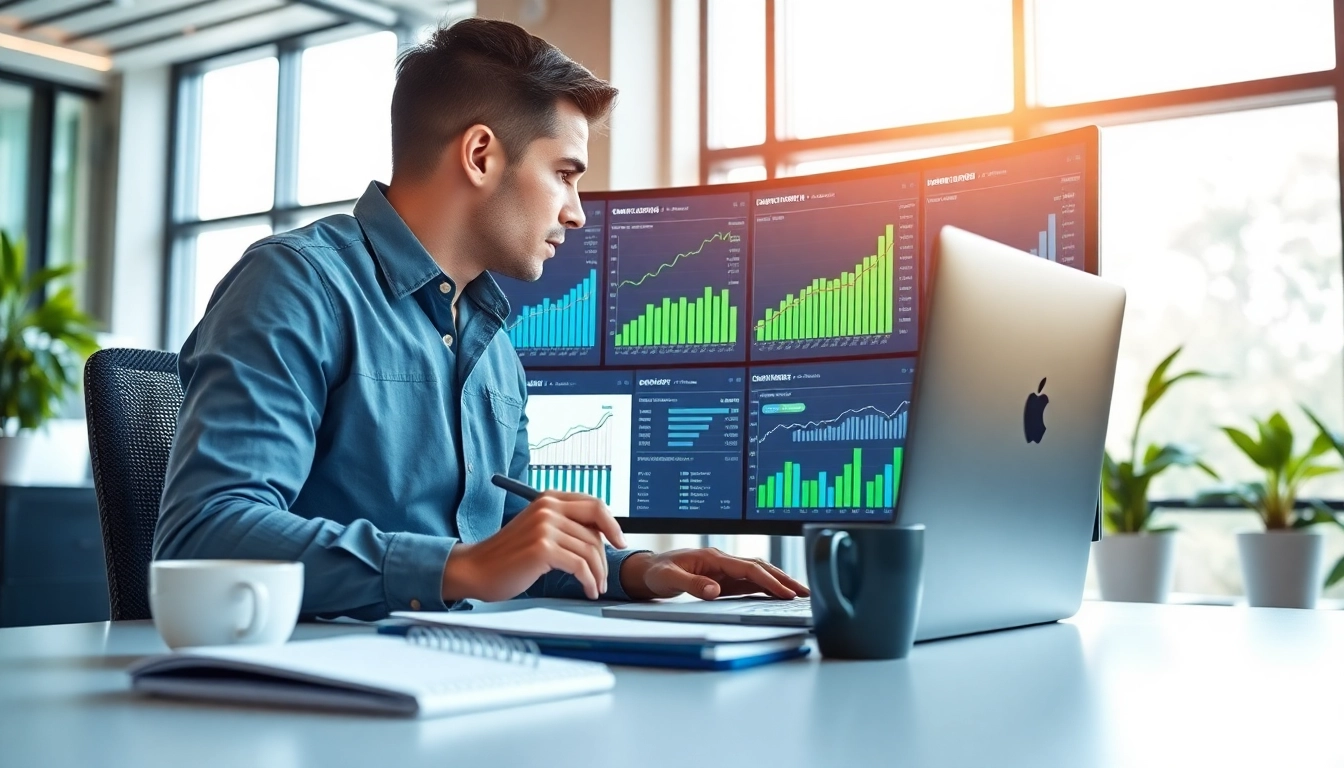 Analyze SEO performance metrics in a modern office setting with vibrant visuals.