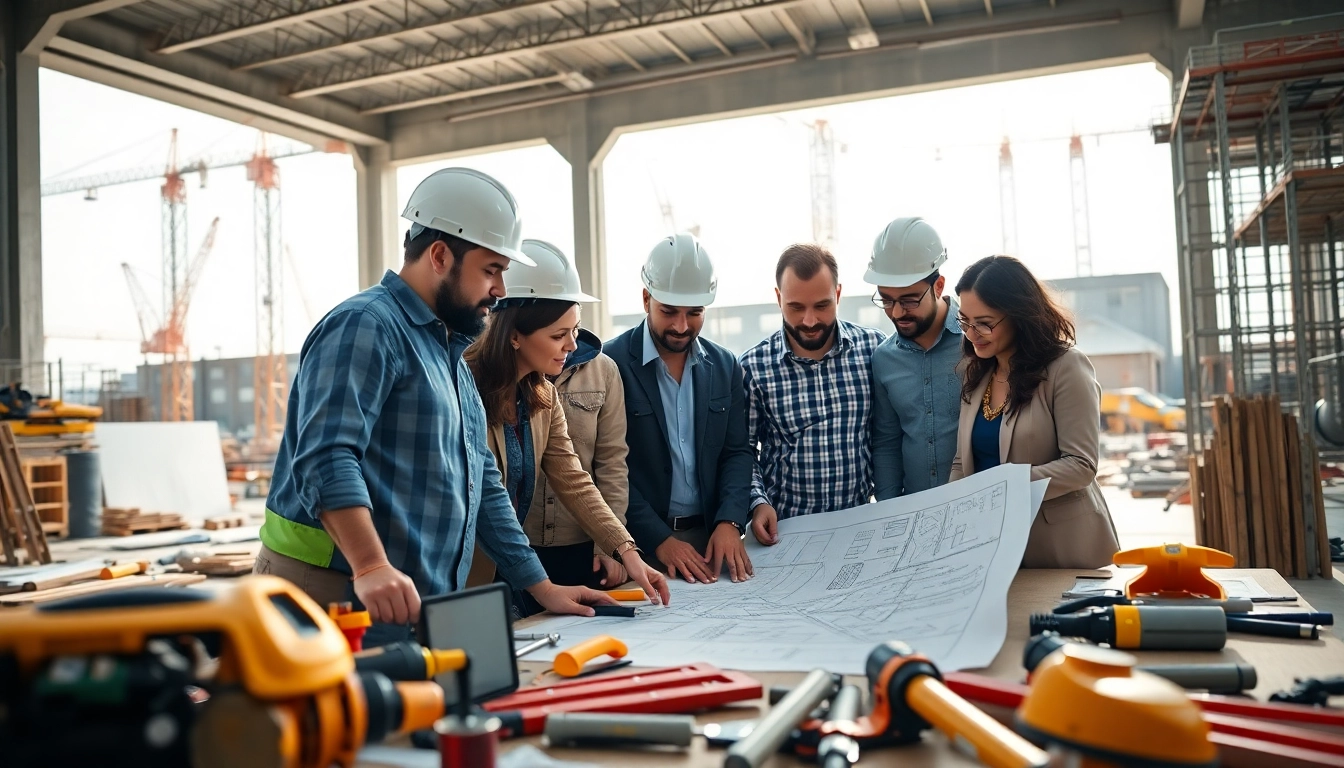 Construction member organization teamwork displayed at a project site with diverse workers.