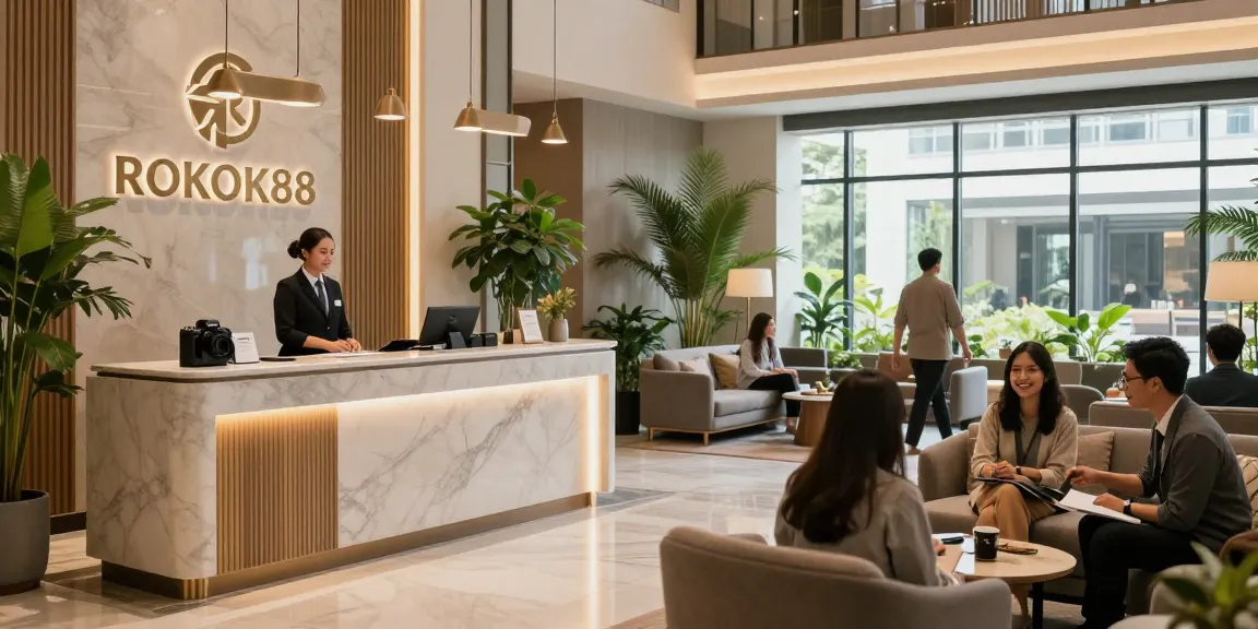 ROKOK88's welcoming lobby with elegant decor and friendly staff in Jakarta Selatan.