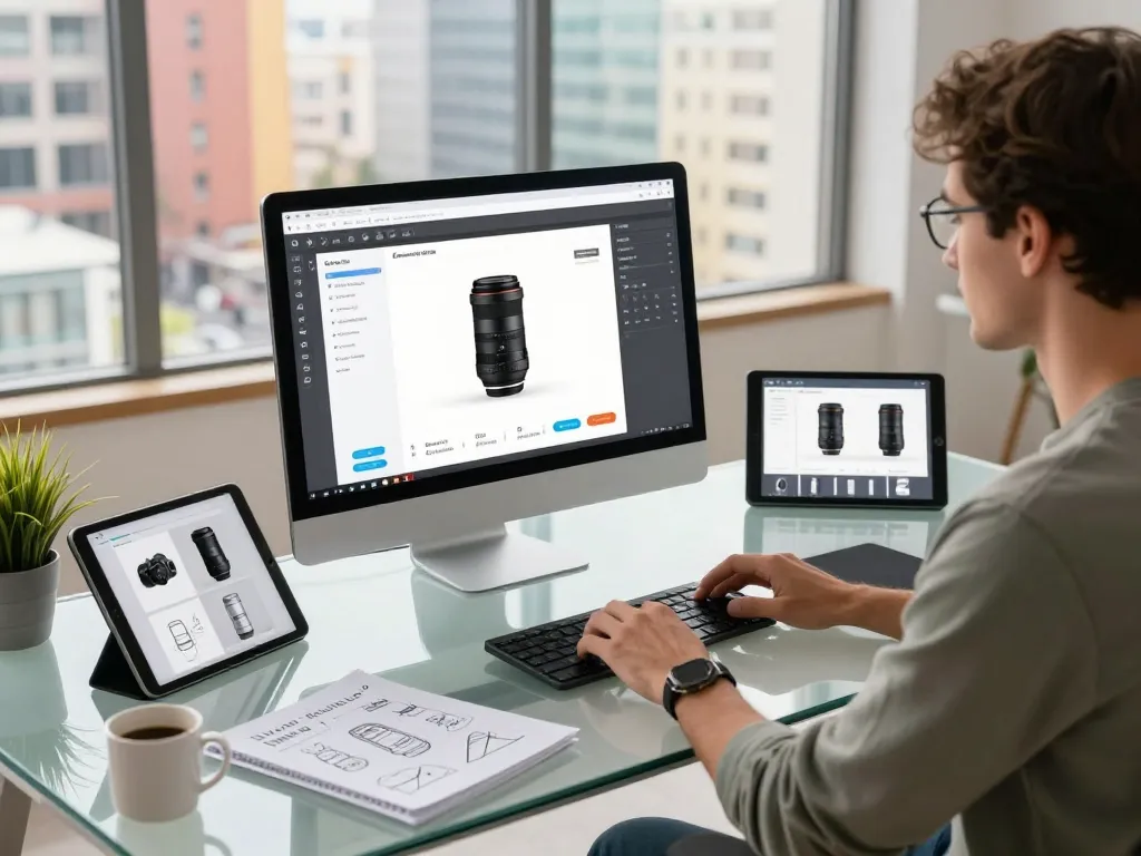 Interactive workspace with designer using 3D product configurator software on a monitor surrounded by digital design assets.