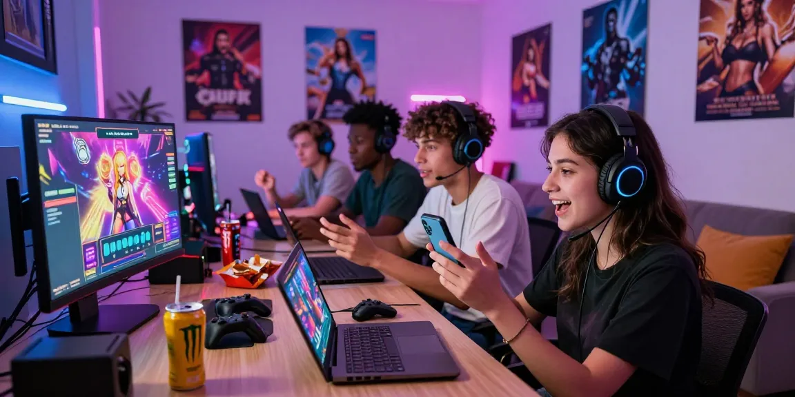 Engaged gamers enjoying free porn games on multiple devices in a vibrant room.