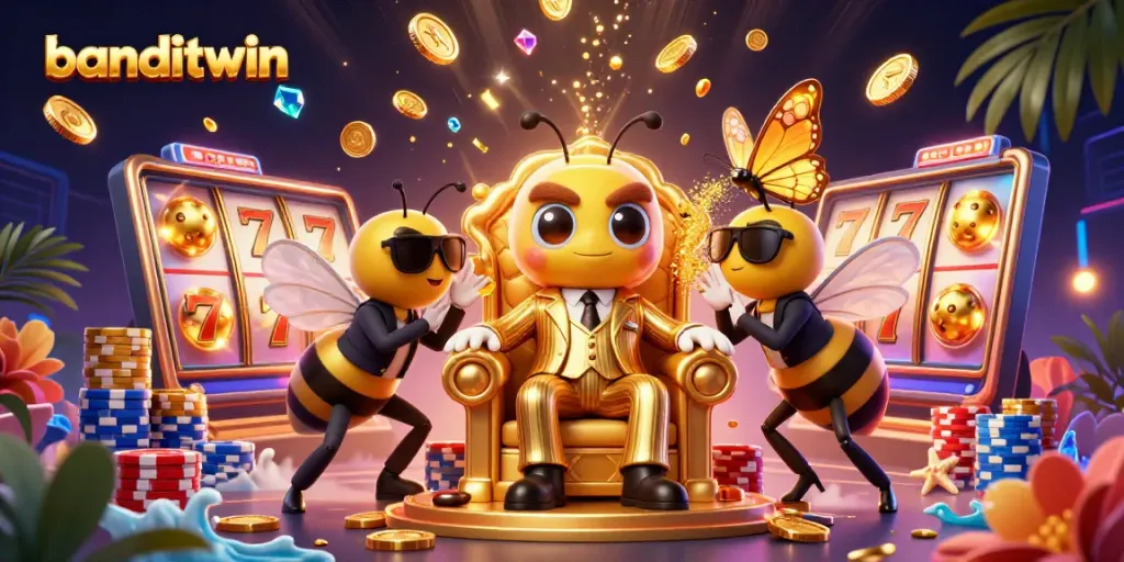 Banditwin memikat dengan karakter kasino dalam suasana yang glamor penuh slot dan koin emas berkilau.