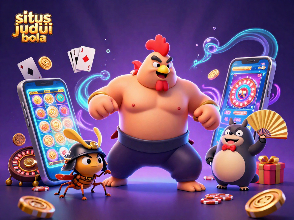Situs judi bola offers exciting sports betting action with a dynamic 3D illustration of a sumo wrestler, cricket, and tanuki.