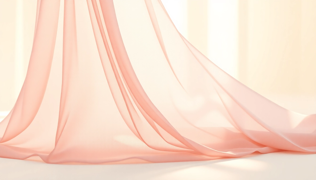 Chiffon stof in zachte pastelkleuren met delicate textuur en lichteffecten.