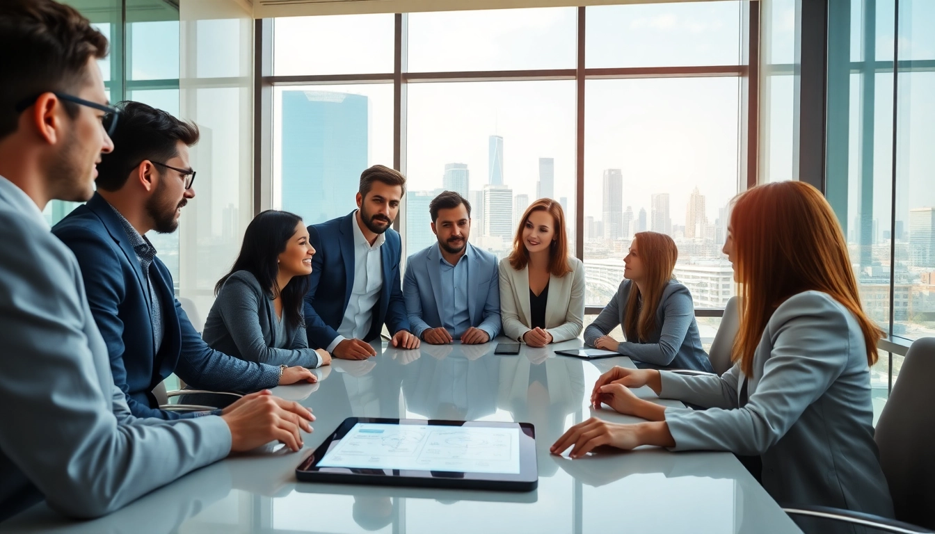 Engaging team setting for change management consulting with diverse professionals collaborating.