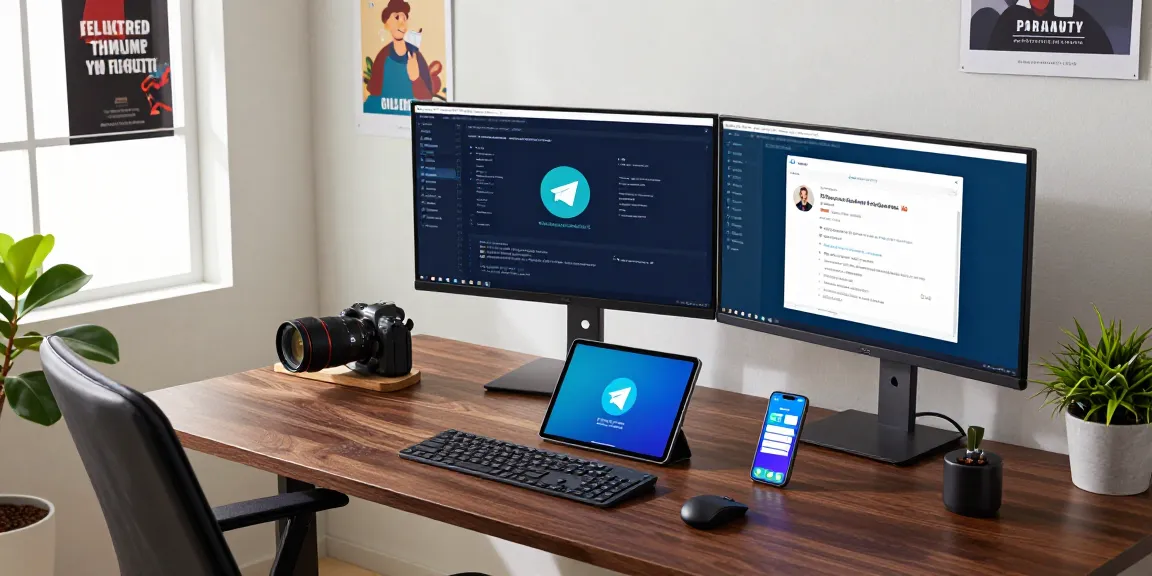 Programming environment for telegram中文版 app with multiple monitors, organized workspace, and tech gadgets.