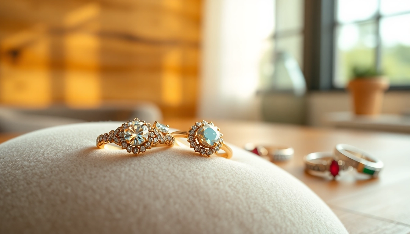 Showcase of luxury rings featuring exquisite diamond details and rich gemstones on a velvet surface.