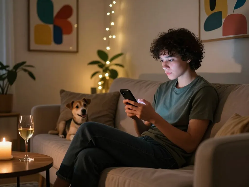 Engaging in an NSFW AI chat on a smartphone in a cozy, modern home.