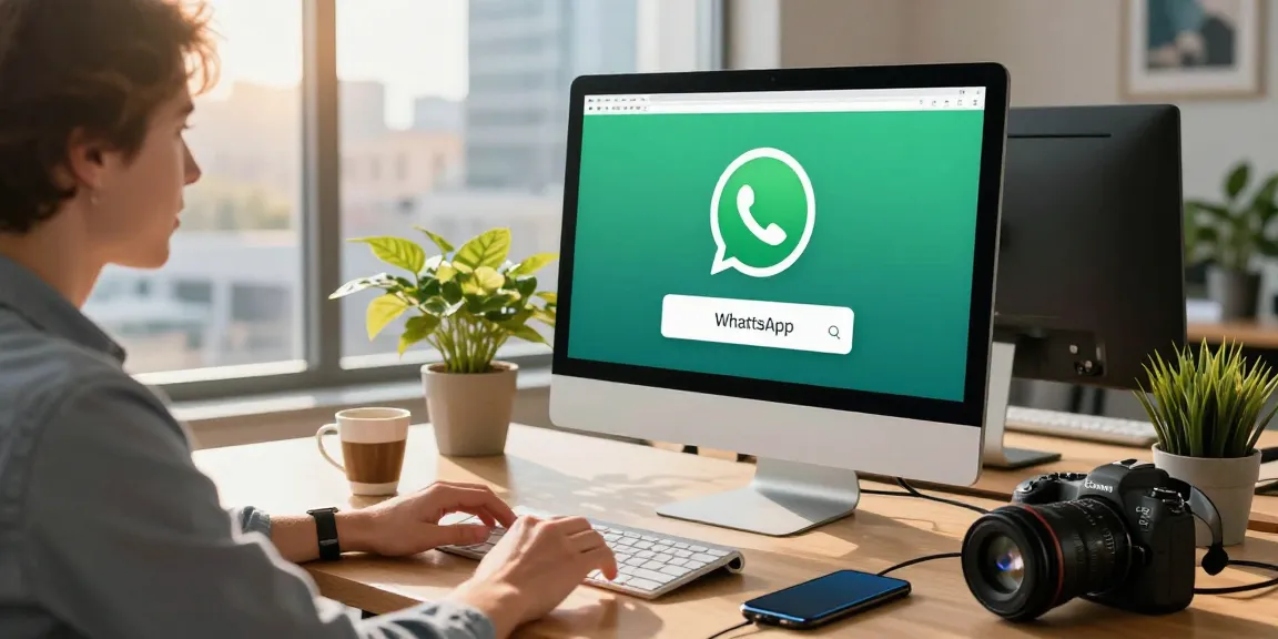 Using WhatsApp電腦版 in a modern workspace with tech gadgets and a city view.