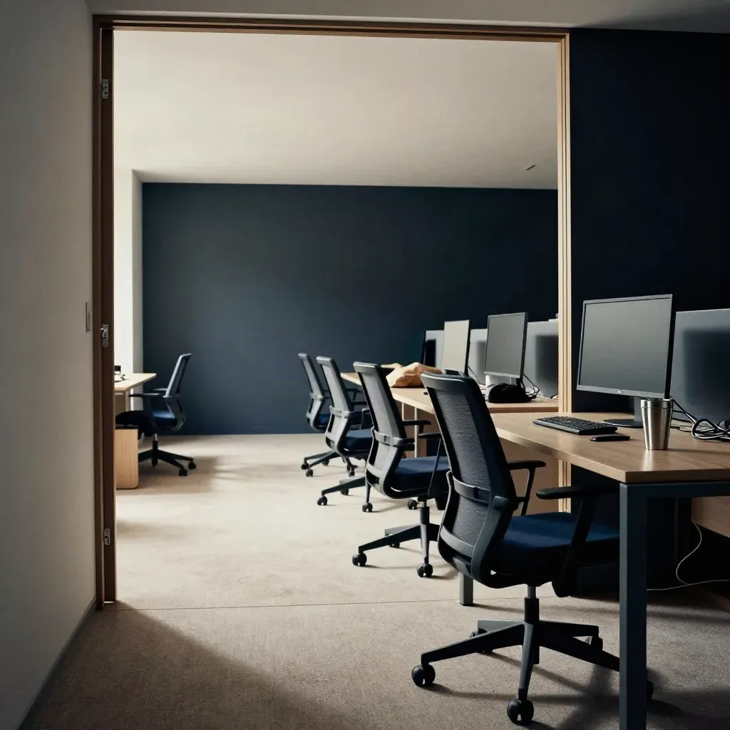 Early morning office reset with re-spaced chairs, closed laptop, dormant monitor, and a steel cup.