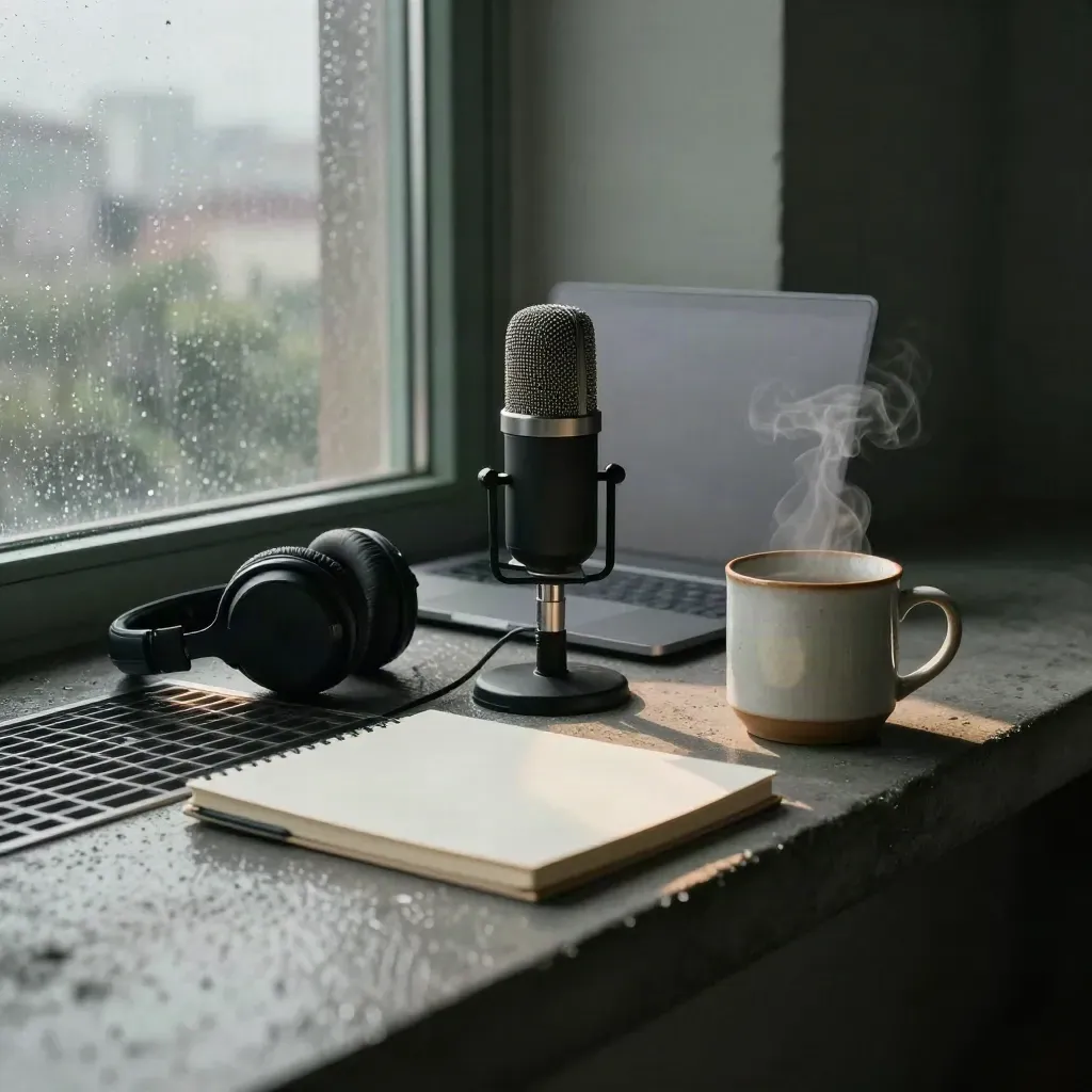 Rainy dawn podcast gear on a concrete sill: microphone, laptop, headphones, notebook, and steaming mug.