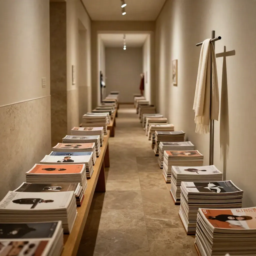 Gallery corridor with magazine stacks, bench, scarf, and warm late light.