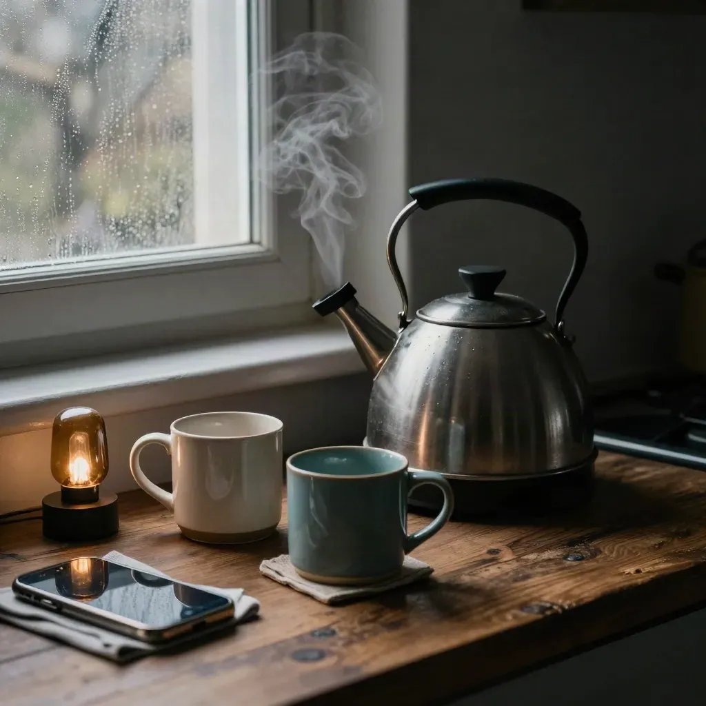 Pre-dawn kitchen corner with steaming kettle, mismatched mugs, lamp glow, and a dark phone