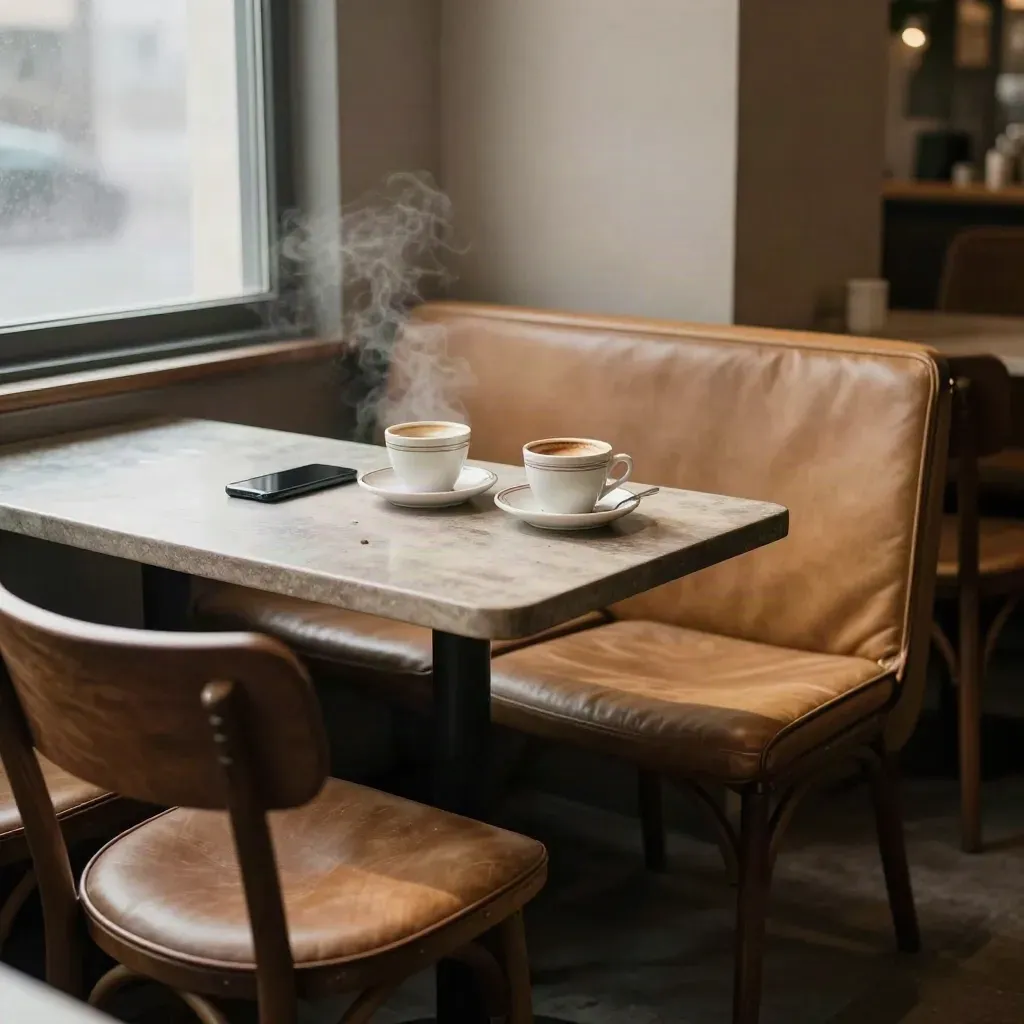 Empty café booth with three chairs, two coffees, a phone, and a plate in foggy window light.