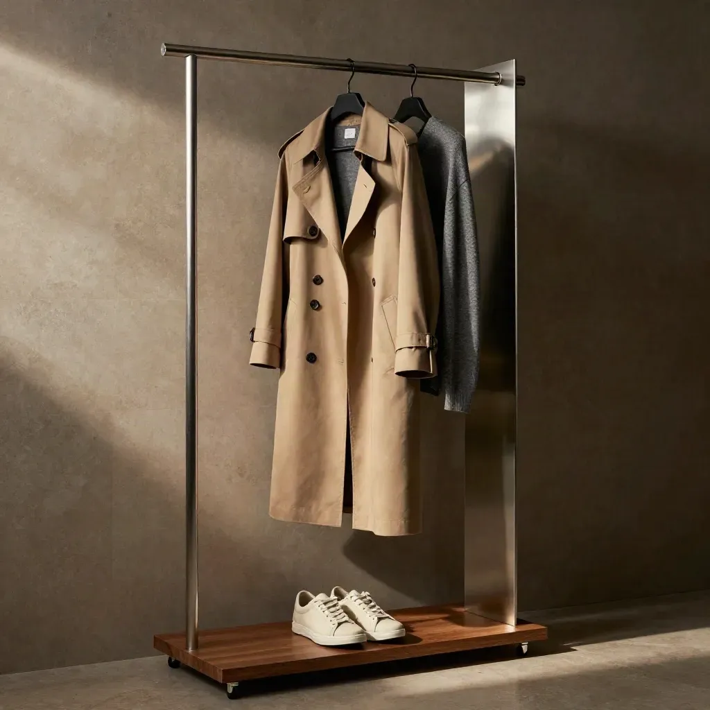 Minimal clothing rail with trench coat, knit and sneakers beside a mirror in soft daylight