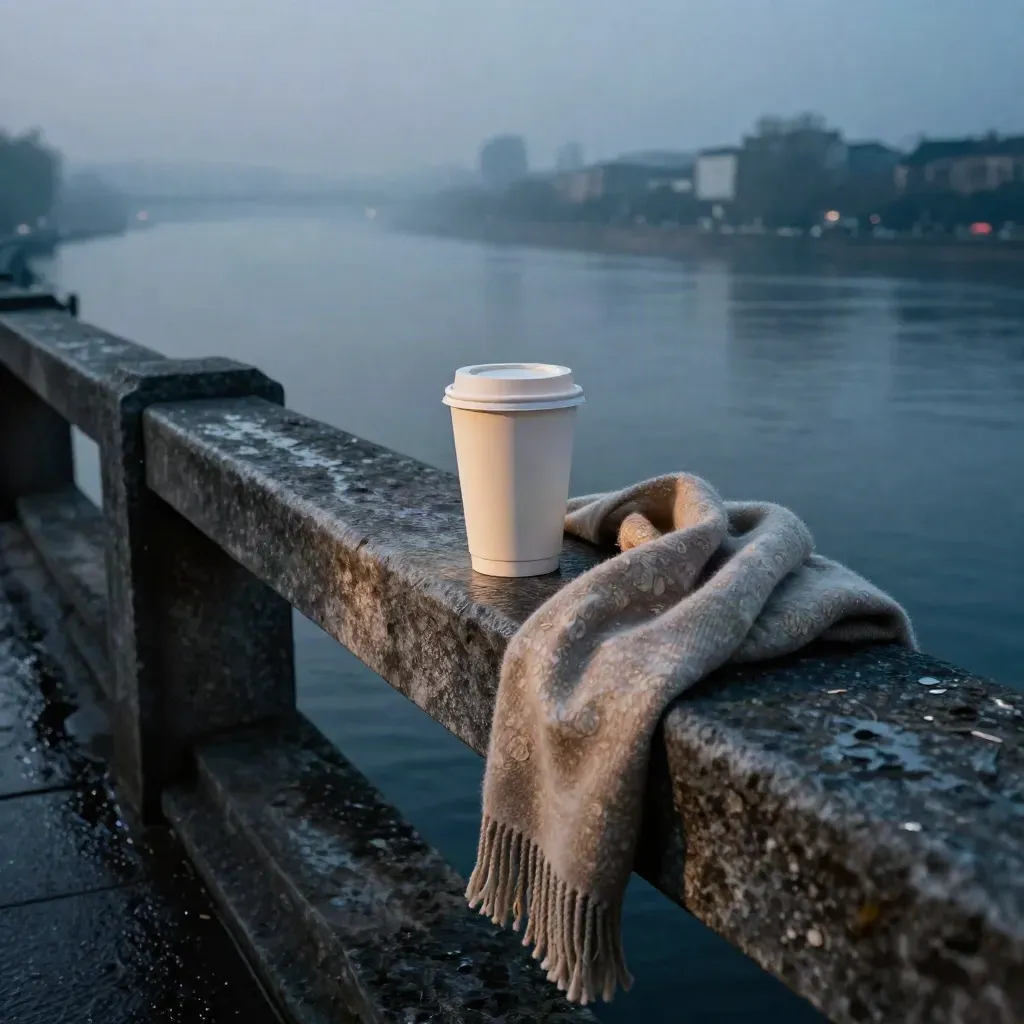 Blue-hour riverside rail with coffee cup, scarf, and misty water in a moody city scene.