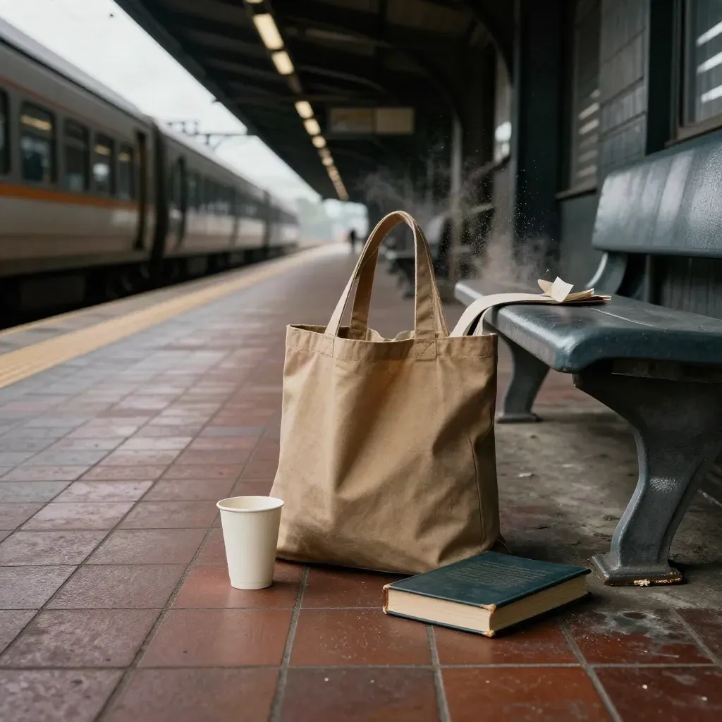 Subway platform corner with a tote, paper cup, and book under a bench, haze drifting toward the tunnel.