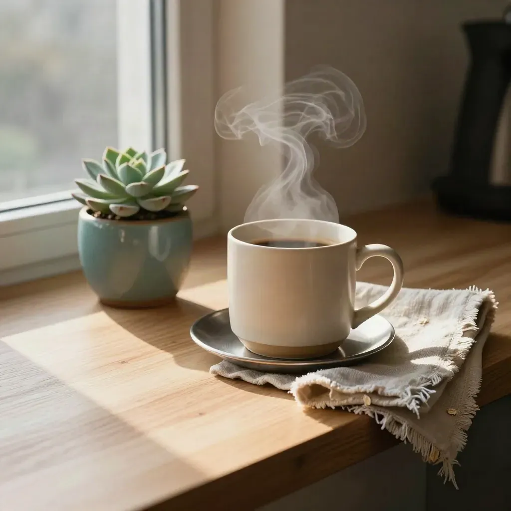 Sunrise coffee counter with a steaming mug, small plant, and folded towel by window light.