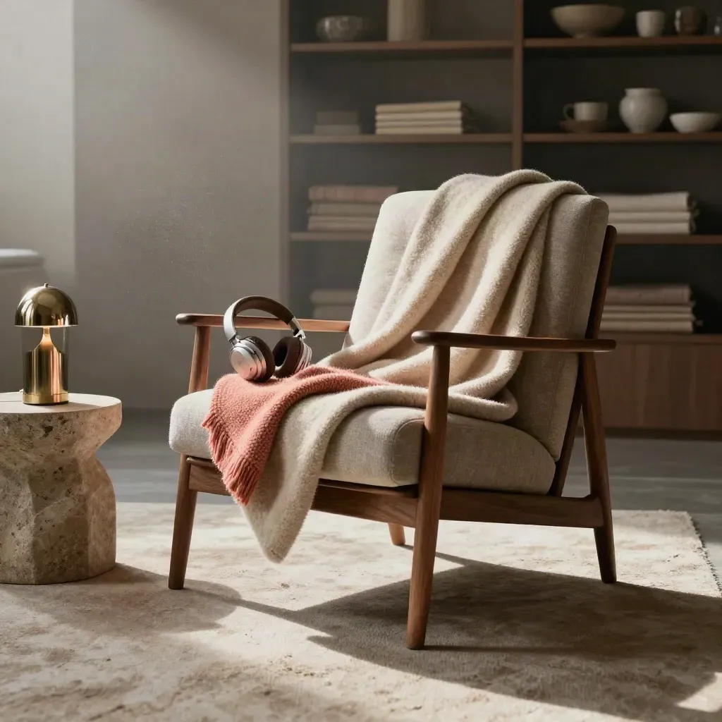 Quiet reading chair with blanket, headphones, and lamp in a still, sunlit living room.