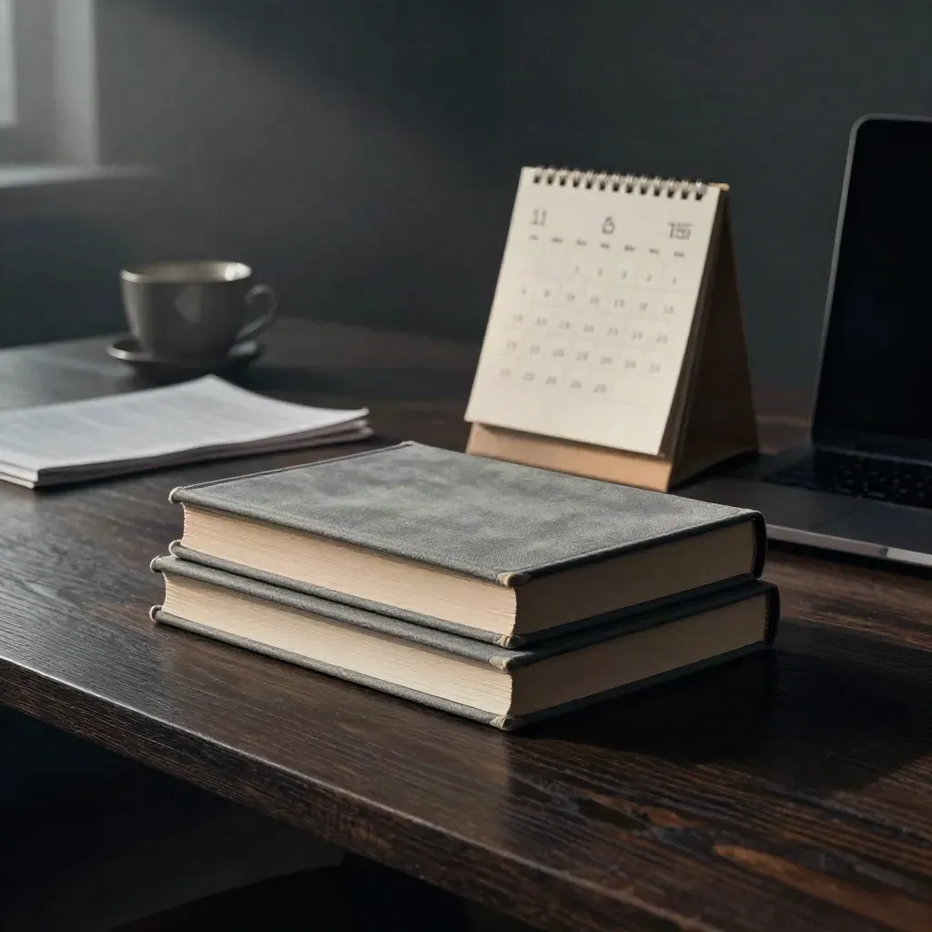 Low-lit planning table with books, a closed calendar and laptop in morning haze.