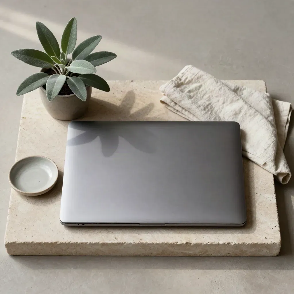 Closed laptop with dish, linen cloth and small plant on a stone tray in soft daylight.
