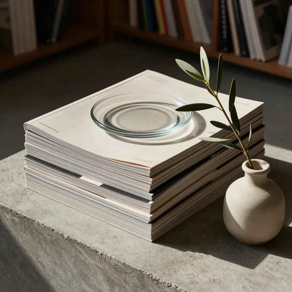 Magazines, glass dish and clipped stem on concrete in soft light, styled as a quiet culture archive flat lay.