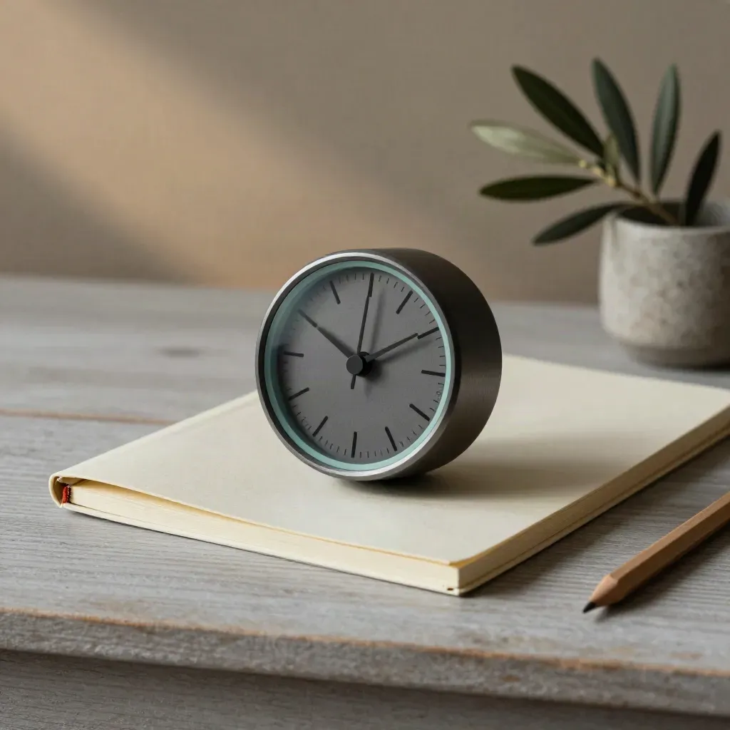 Analog timer beside notebook, pencil, and olive branch on pale wood
