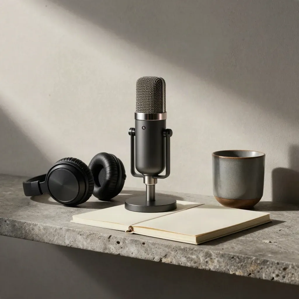 Podcast microphone, headphones, notebook, and tumbler arranged on a stone shelf in soft light.