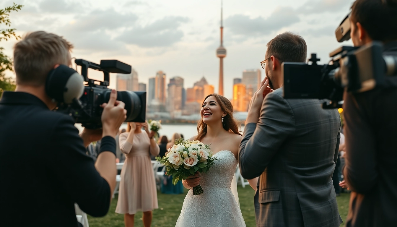 Showcase of professional videographers in Toronto capturing a wedding celebration amid the city's skyline.