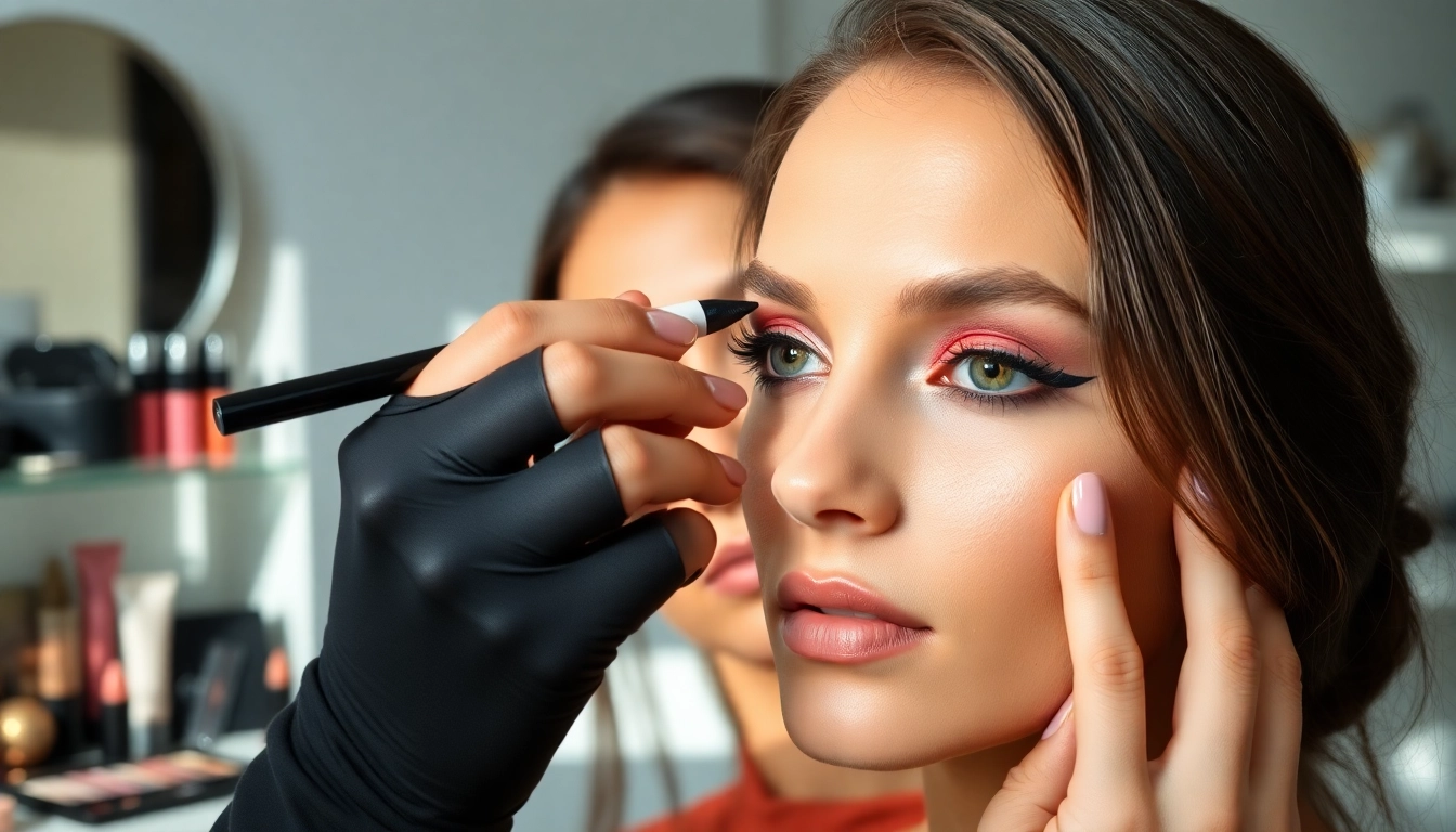 Eyeliner stencil application by a professional artist on a model, showcasing beauty techniques.