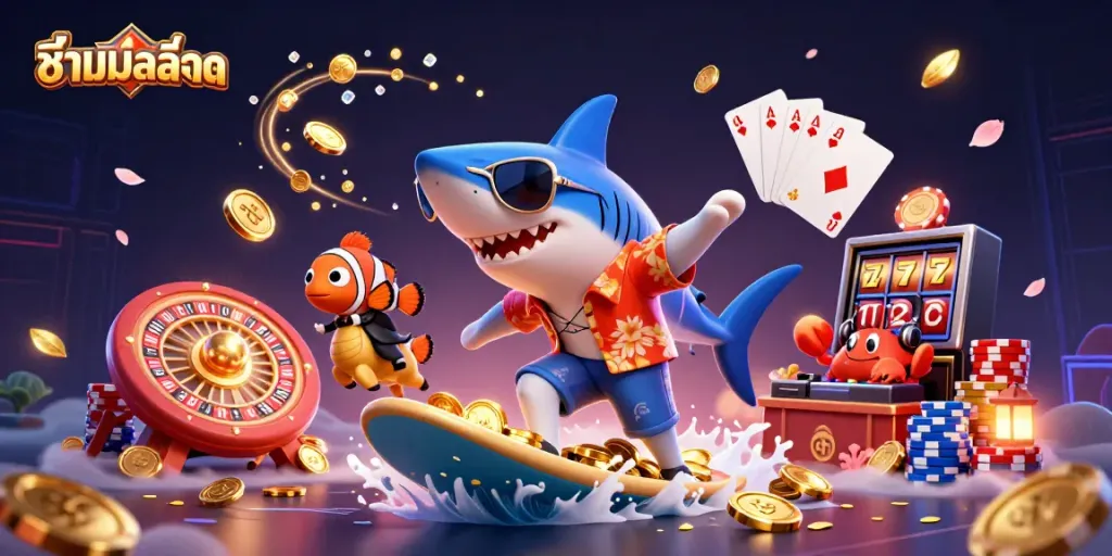 Experience the thrill of ชื่อเกมสล็อต with a vibrant 3D illustration showcasing diverse casino elements and lively characters.