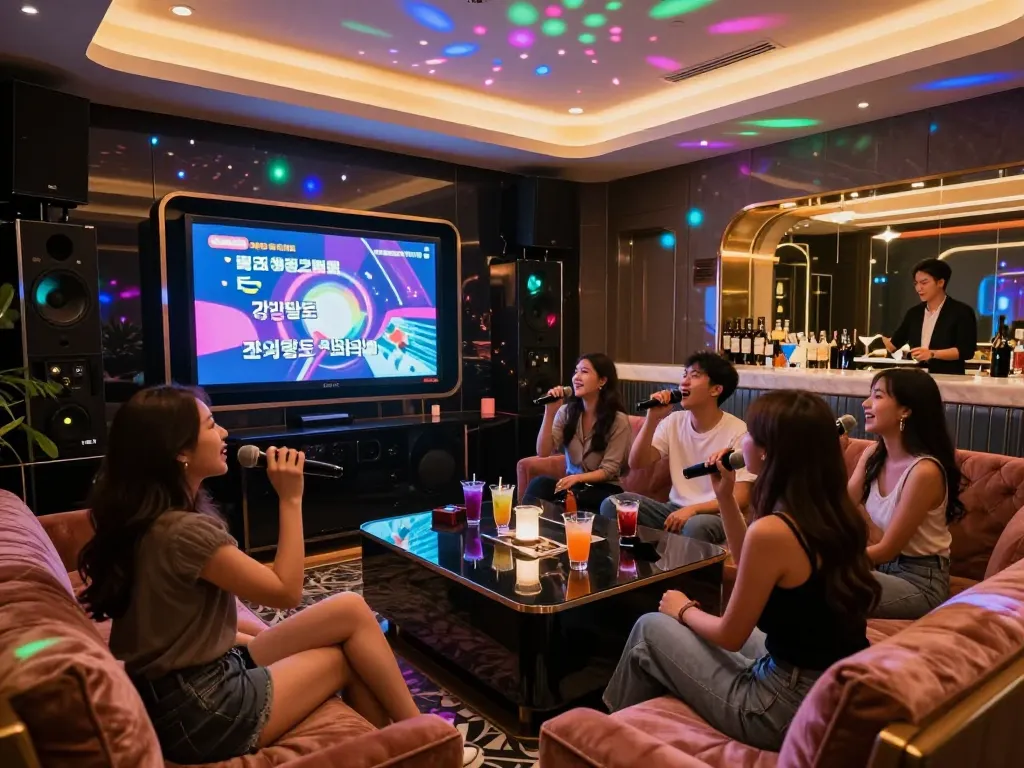 친구들과 함께 노래하며 프리미엄 음료를 즐기는 강남달토의 역동적인 노래방 경험.
