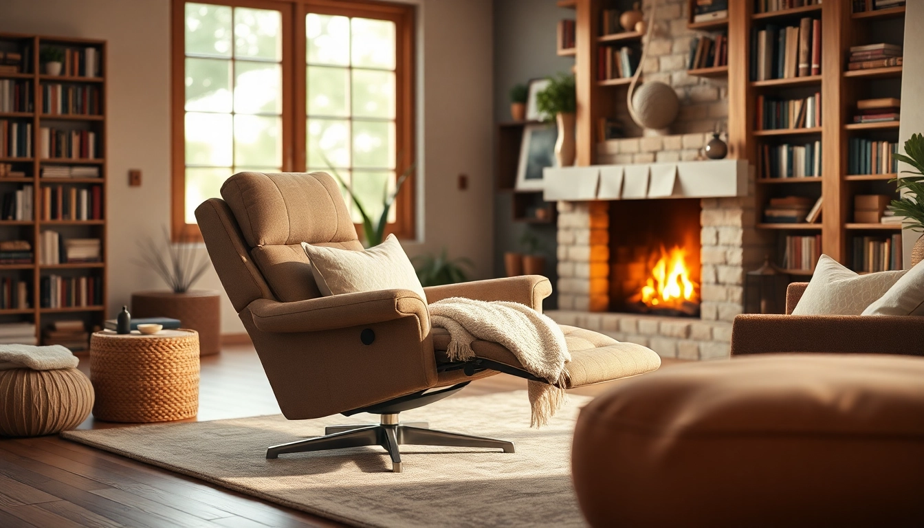 This stylish recliner with independent back and footrest offers comfort in a cozy living room setting.