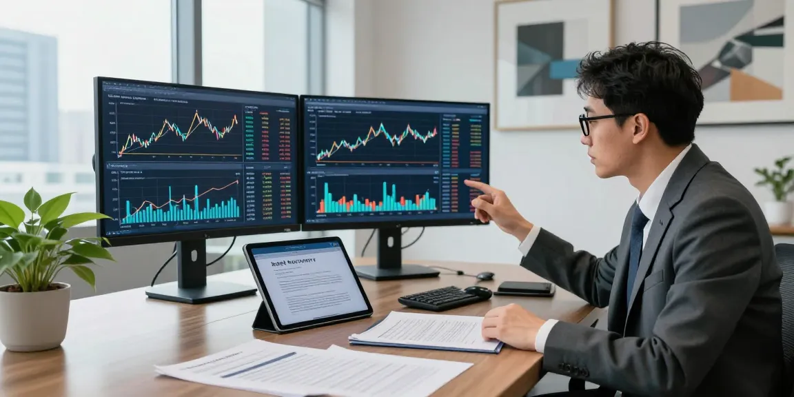 Asset tracing analysis in a modern office with financial expert examining data and reports.
