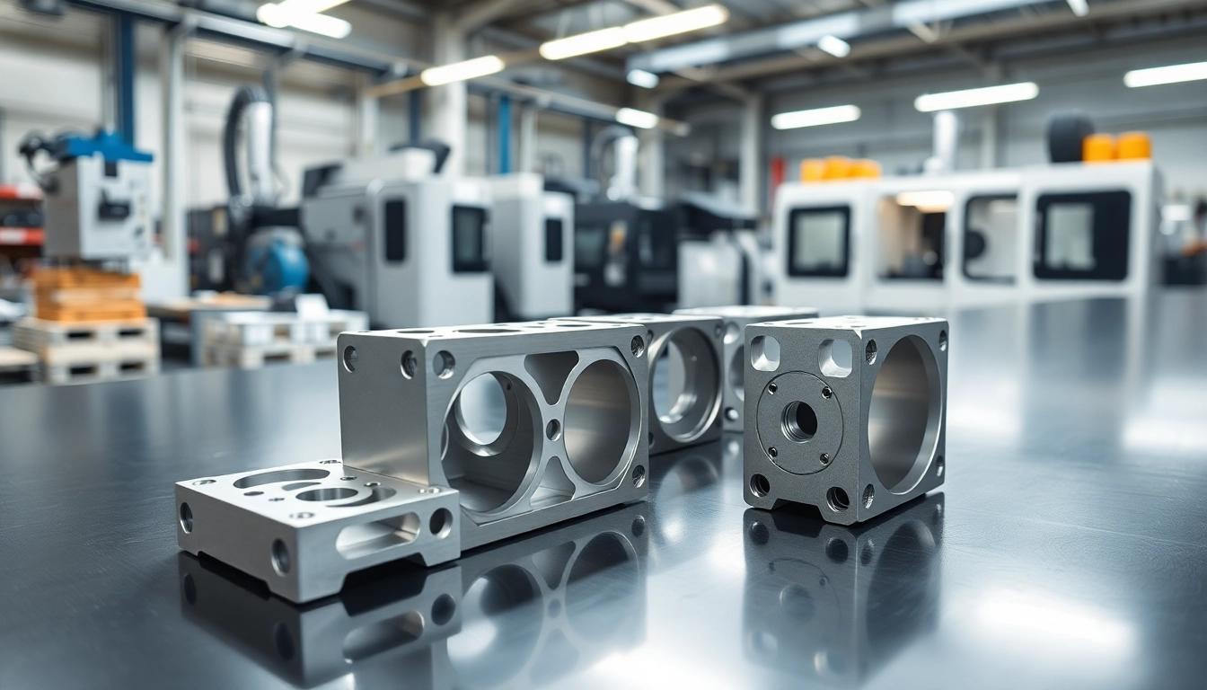 Showcasing aluminum prototypes with intricate designs against a modern machining background.