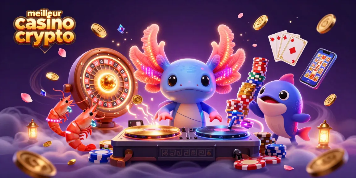 Jouez au meilleur casino crypto avec un DJ axolotl vibrant entouré de jetons et de lumières scintillantes.