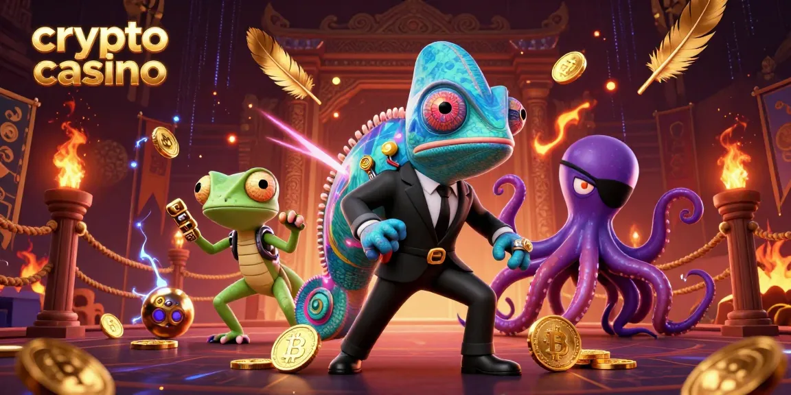 Illustration d'un crypto casino captivant avec un caméléon agent secret, un gecko tech, et une pieuvre maléfique.