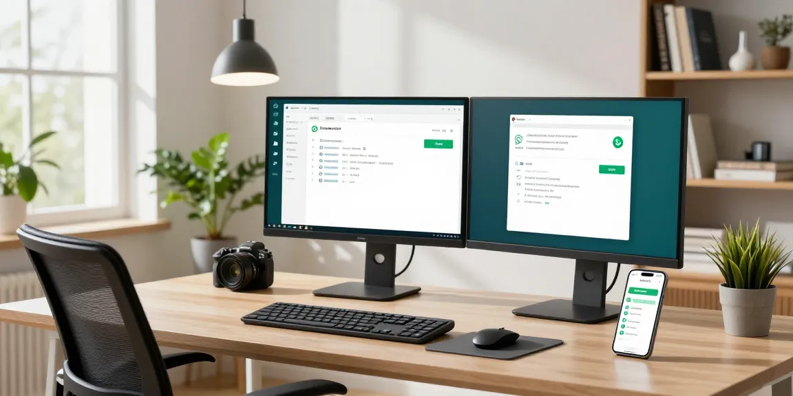Using WhatsApp電腦版 on a sleek desktop in a modern home office.