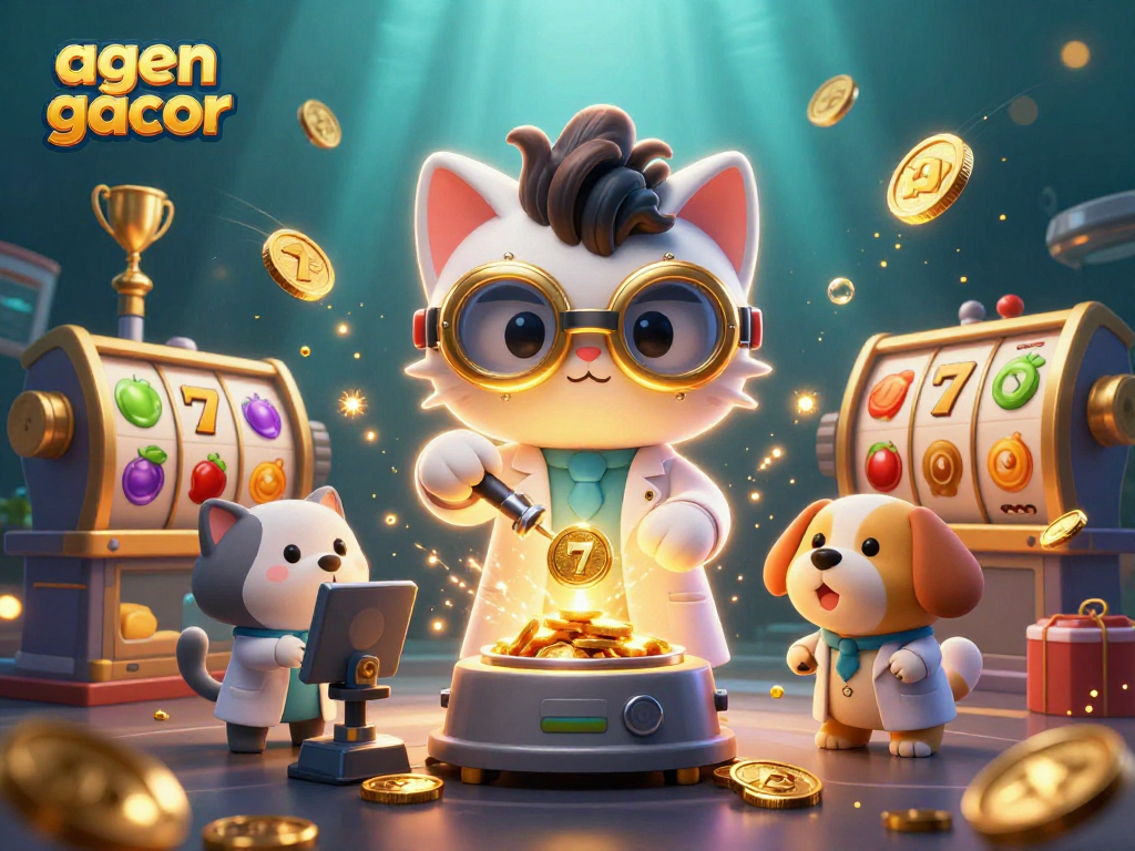 Engage with the agen gacor slots experience featuring vibrant reels and a whimsical lab scene filled with bonuses and jackpot symbols.