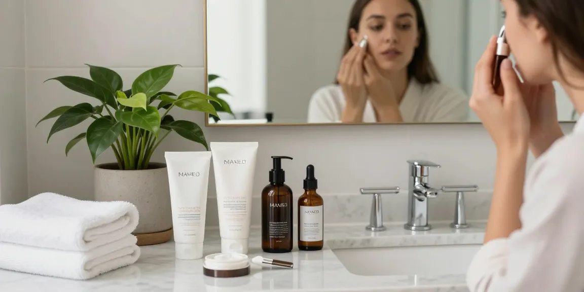 Aplicarea rutinei de îngrijire a pielii cu produse profesionale într-un mediu de baie liniștit.