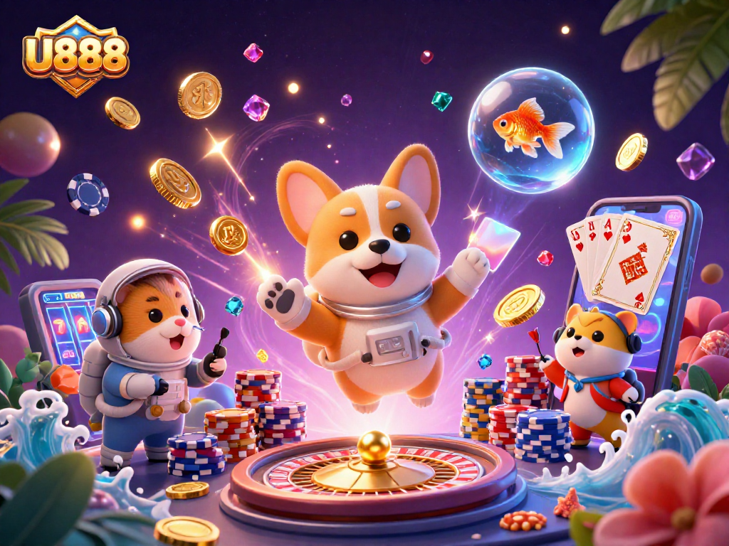 Experience thrilling U888 gaming with a vibrant 3D casino scene featuring characters and dynamic gaming elements.