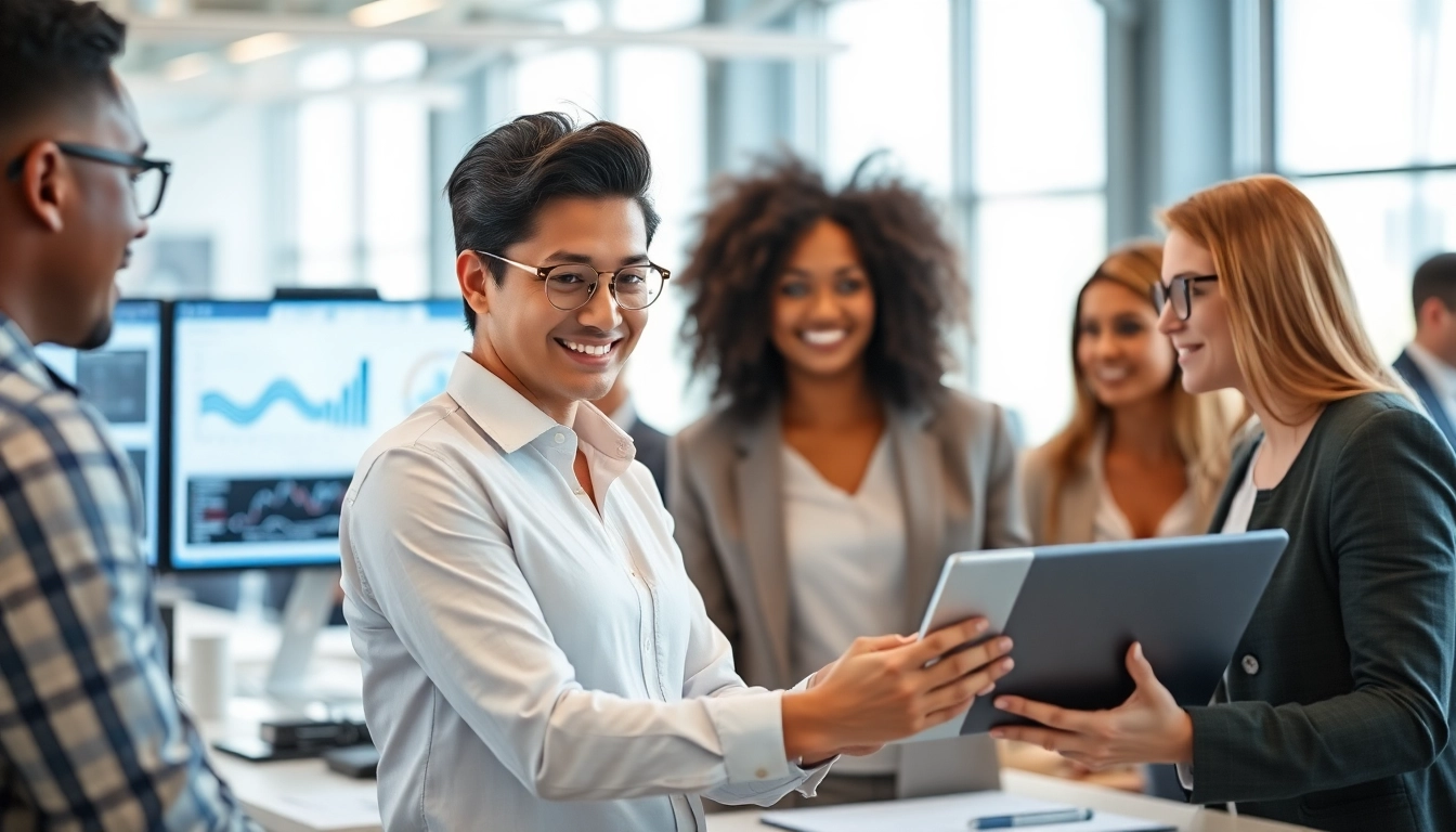 Show professional assistant for enterprise engaged with diverse teams using technology.
