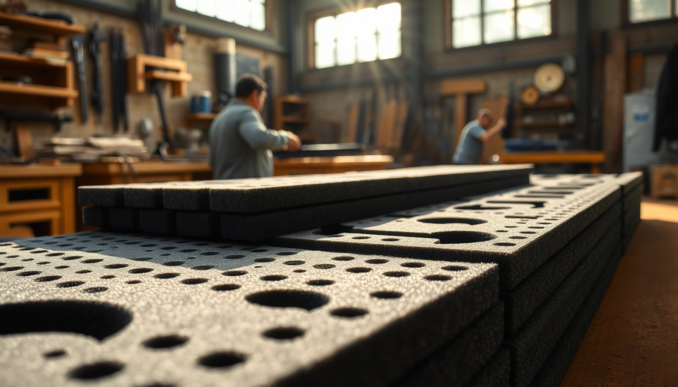 Showcasing foam for rifle case in a detailed workshop with protective foam layers.