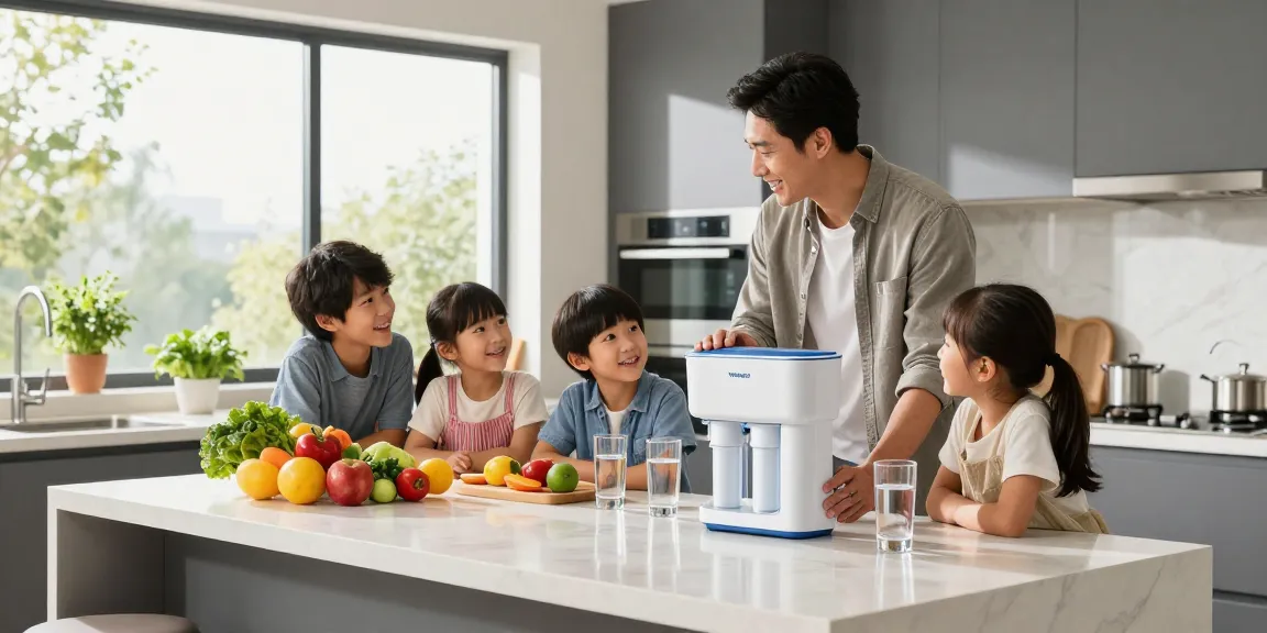 Family enjoying clean water from the Waterdrop 10UBW-UF 0.01 μm Ultra Filtration Under Sink Water Filter System in a modern kitchen setting.