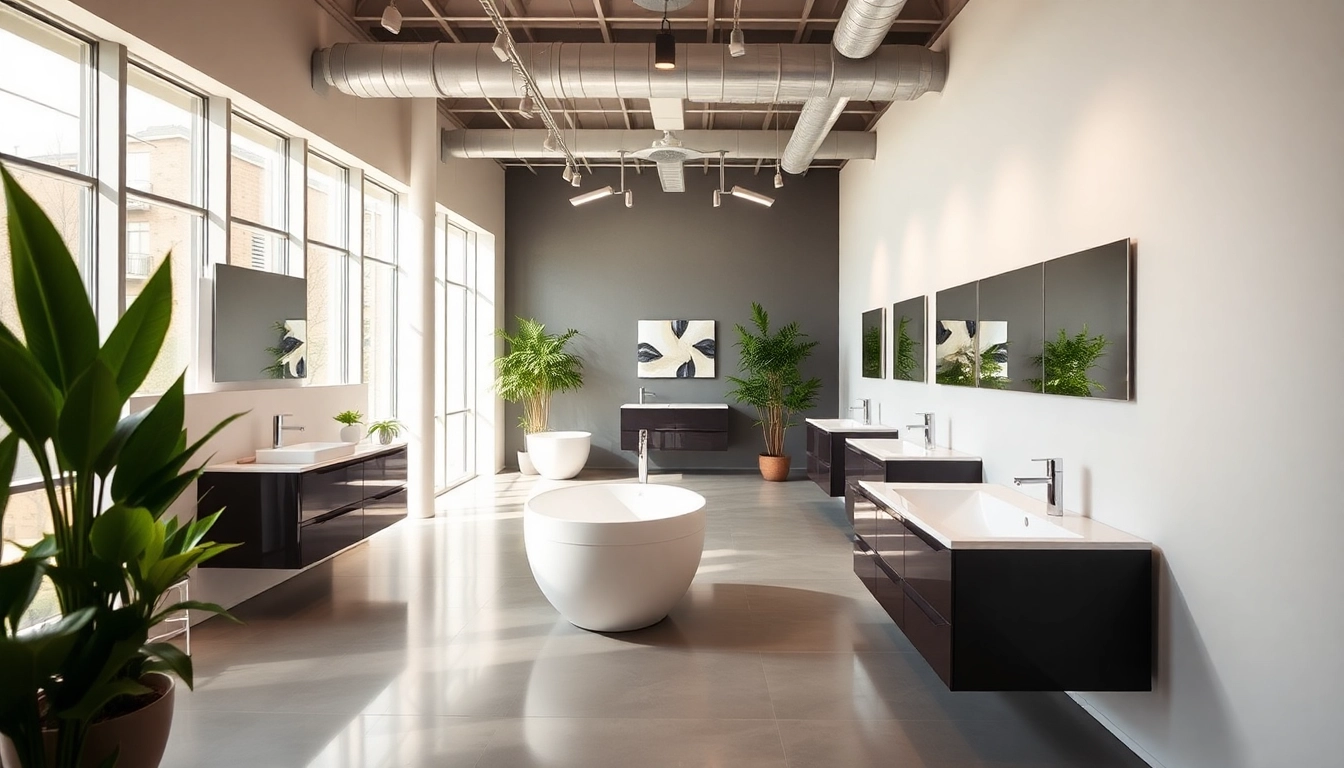 Zeigen von Produkten der sonni sanitär GmbH in einem modernen Badezimmer-Showroom mit hochwertiger Ausstattung.