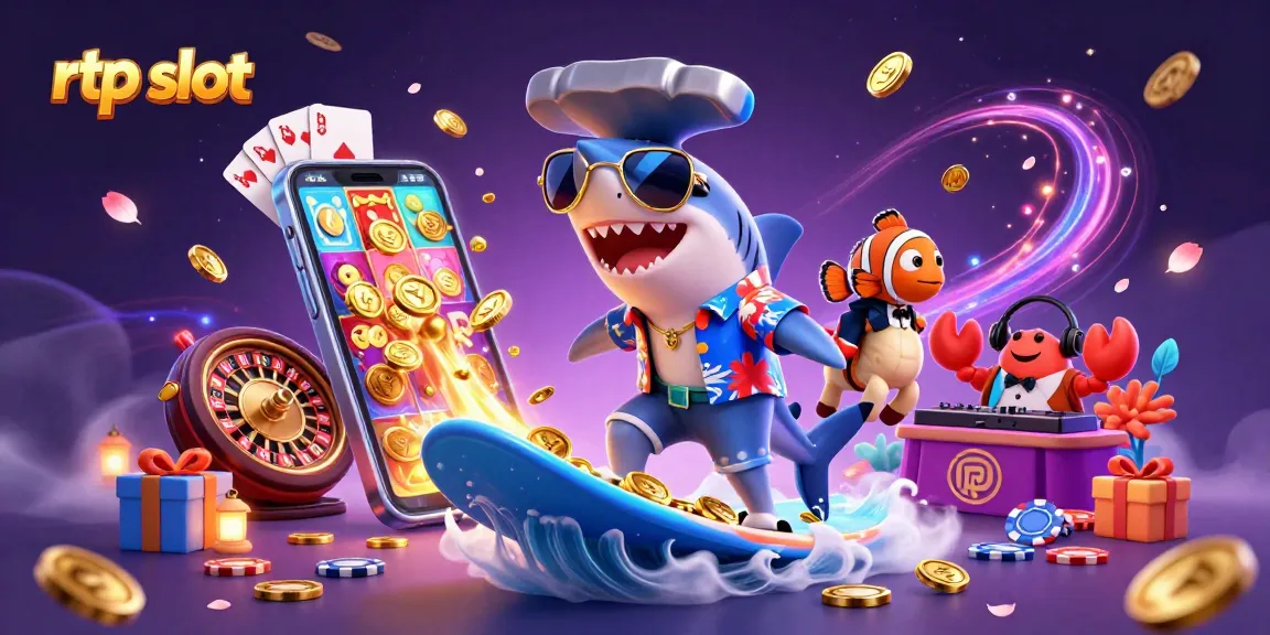 Engage with rtp slot excitement featuring a shark surfing gold coins amidst dynamic casino elements.