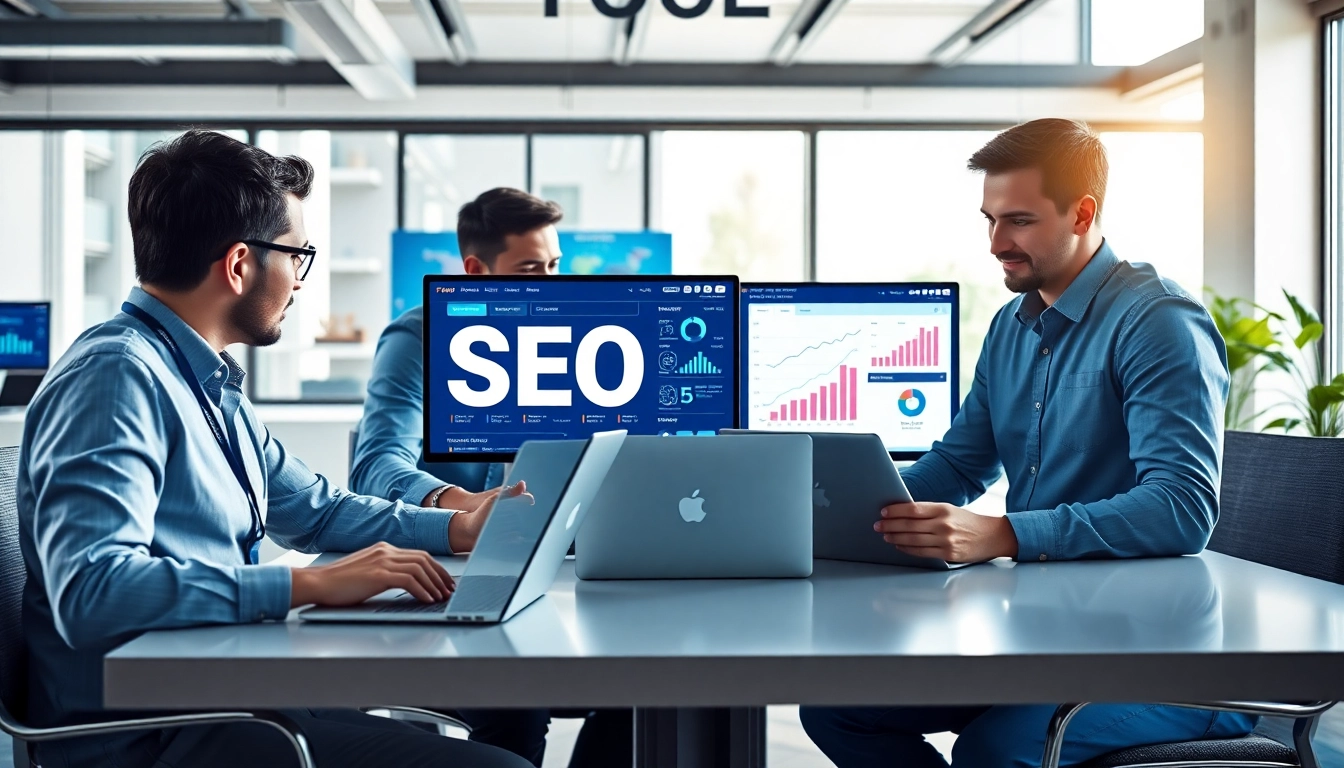 SEO Agency Clearwater team discussing strategies in a bright modern office.