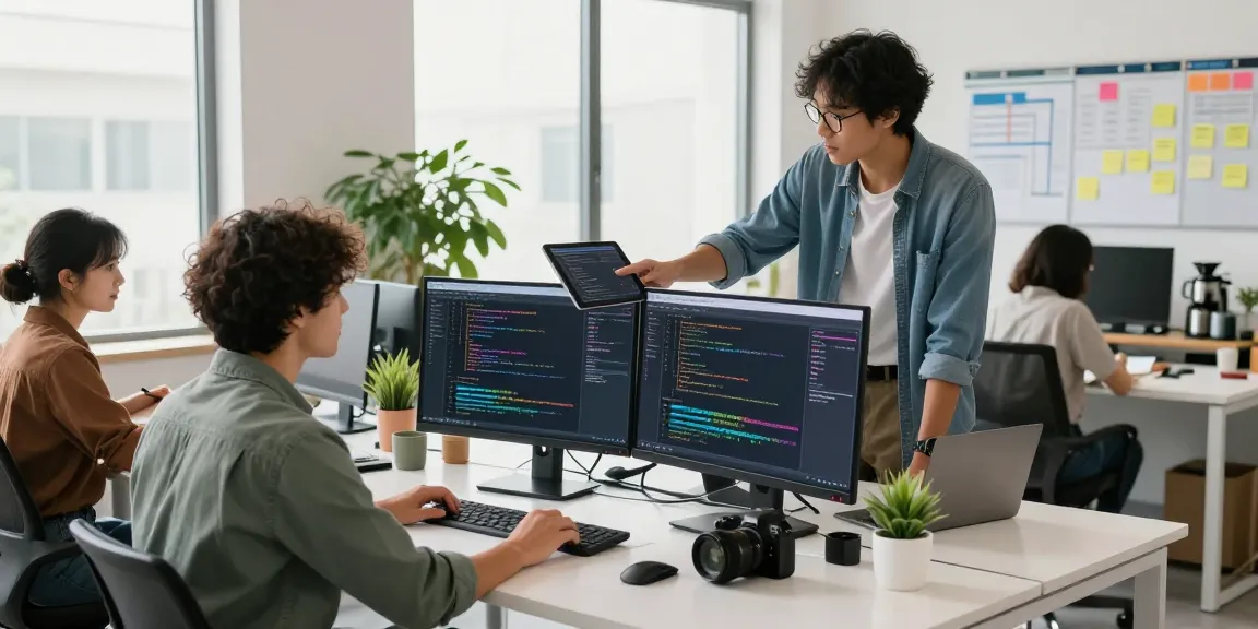 Developers collaborating on telegram中文版 project in a modern workspace, showcasing technology integration in a vibrant office.