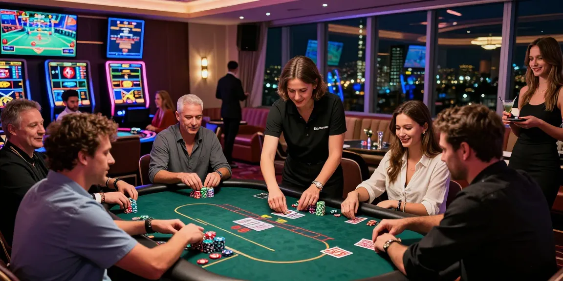Exciting scene at a situs live casino with players at a poker table, vibrant atmosphere and city skyline.