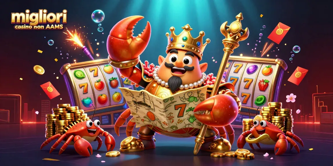 Scopri i migliori casino non AAMS con la grafica di un granchio imperiale dorato tra simboli di slot scintillanti.